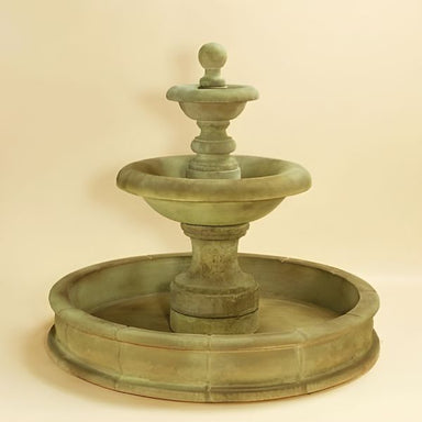 Villa Santini Two Tier Pond Fountain, Short against brown background.