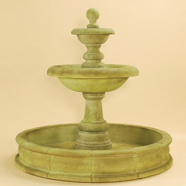 Villa Santini Two Tier Pond Fountain Tall against brown background.