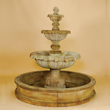 Vistamar Three Tier Pond Fountain against brown background.