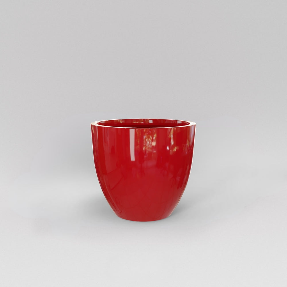 Wannsee Extra Large Round Fiberglass Planter in gloss red against gray background.