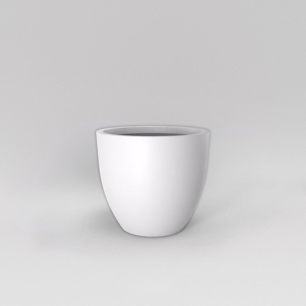 Wannsee Extra Large Round Fiberglass Planter in matte bright white against gray background.