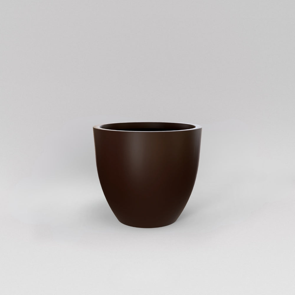 Wannsee Extra Large Round Fiberglass Planter in matte dark brown against gray background.