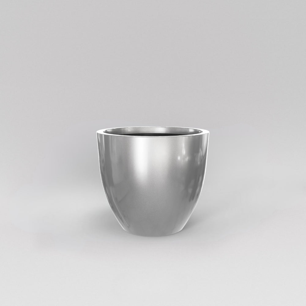 Wannsee Extra Large Round Fiberglass Planter in metallic silver against gray background.