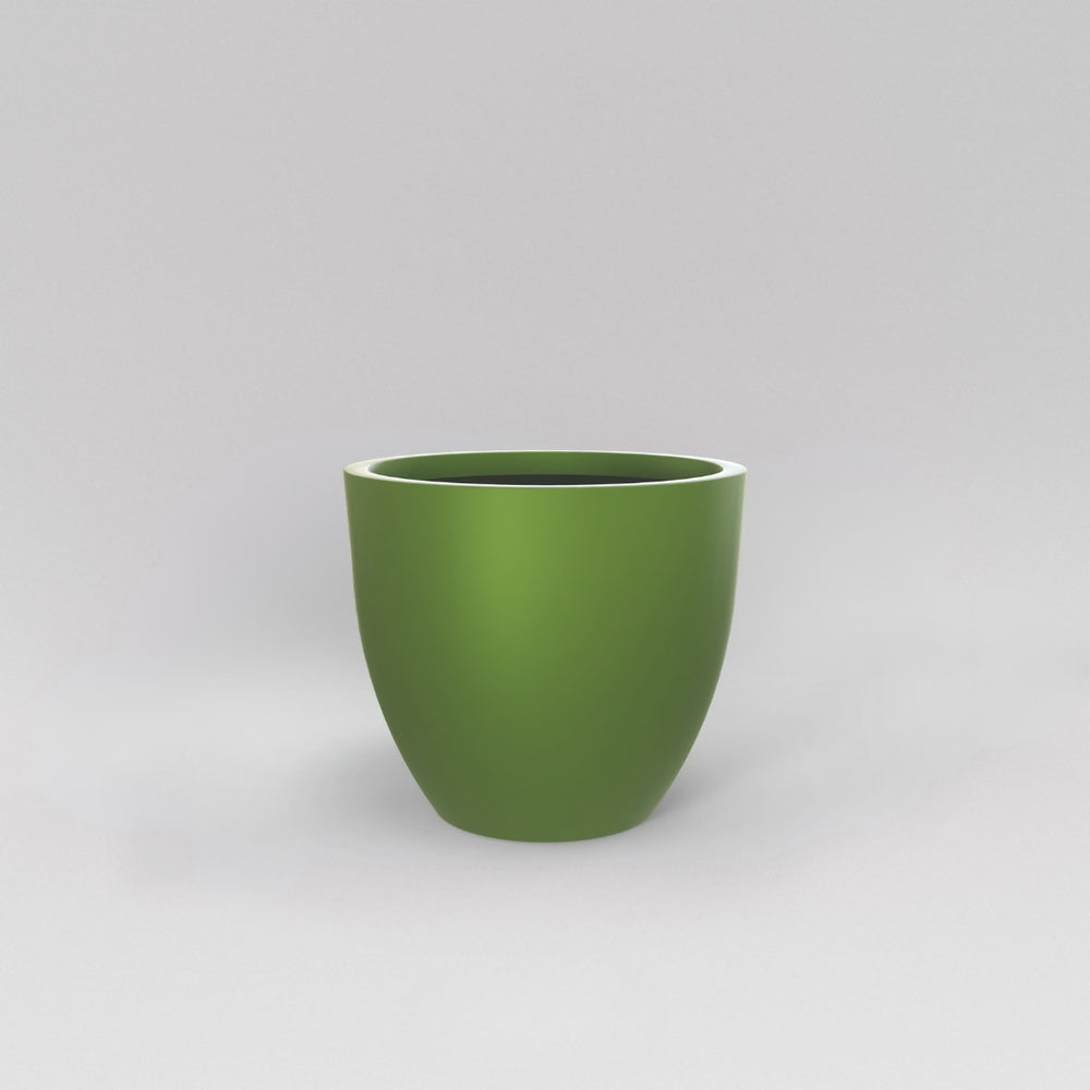 Wannsee Extra Large Round Fiberglass Planter in satin green against gray background.