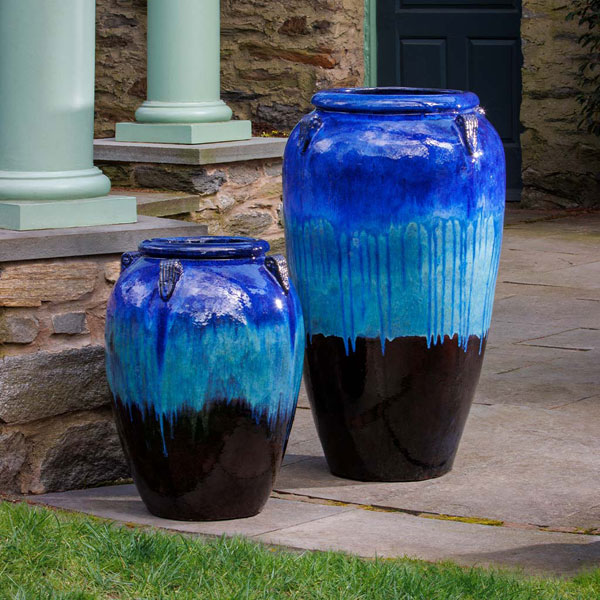 Water Jar, Tall - Running Blue Brown - S/1 on concrete in the backyard