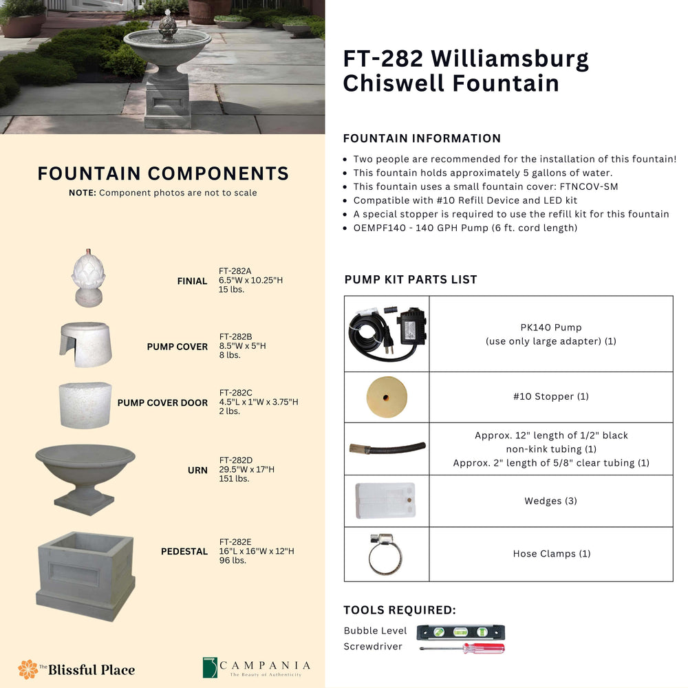 Complete overview of the Williamsburg Chiswell Fountain with dimensions, weights, pump kit parts, tools, and general info.
