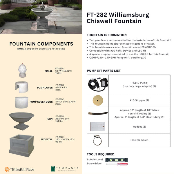 Complete overview of the Williamsburg Chiswell Fountain with dimensions, weights, pump kit parts, tools, and general info.