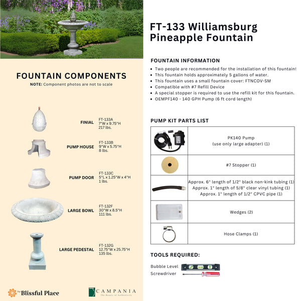 Complete overview of the Williamsburg Pineapple Fountain with dimensions, weights, pump kit parts, tools, and general info.