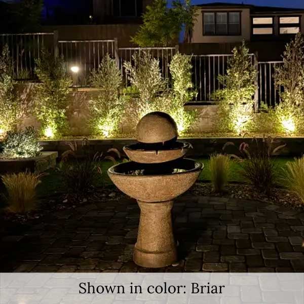 Zen Fountain Tall 2 Tier on concrete in the backyard nightview.