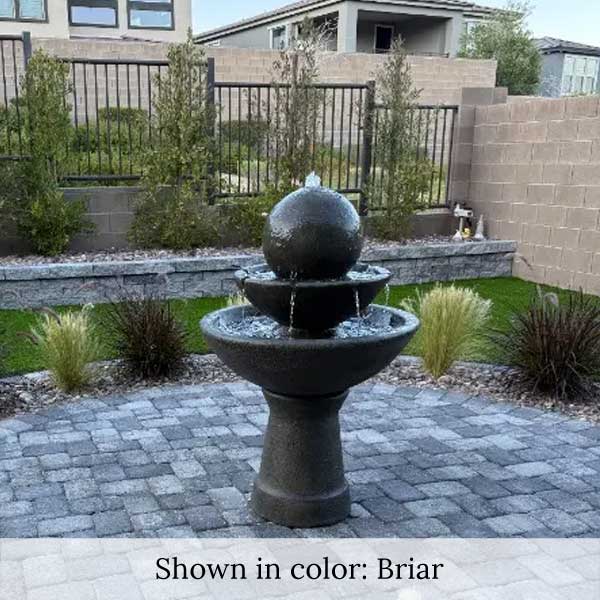 Zen Fountain, Tall 2 Tier on concrete in the backyard upclose.