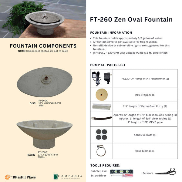 Complete overview of the Zen Oval Fountain with dimensions, weights, pump kit parts, tools, and general info.