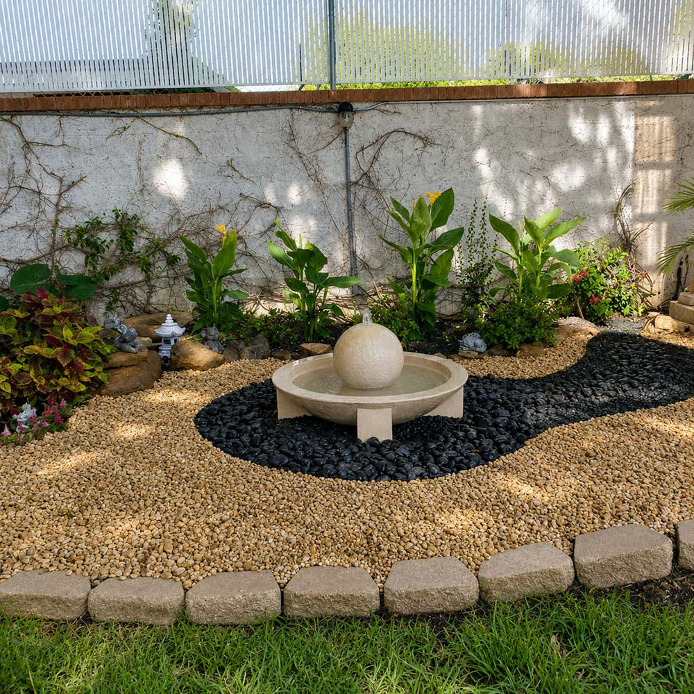  Campania Low Zen Sphere fountain in rock garden in action