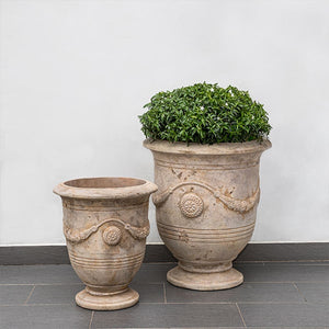 Anduze Urn Antico Terra Cotta S/2 filled with plants against light gray wall