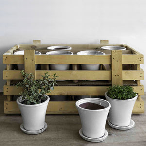 Audrey Planter - Linen White Set of 16 on table beside woodedn box