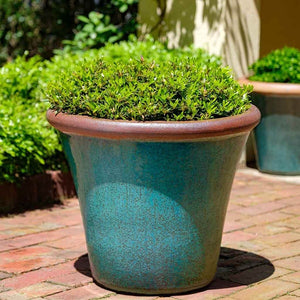 Brighton Planter - Weathered Copper Set of 3 filled with plants in the backyard