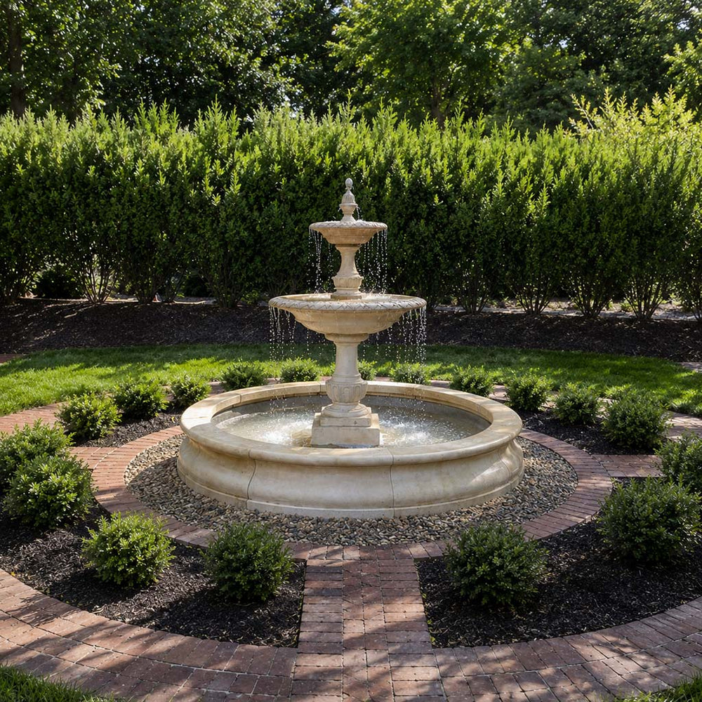 Campania International charleston fountain in basin on gravel in backyard