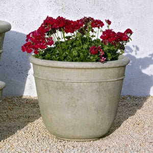 Carema Medium Planter on gravel filled with red flowers
