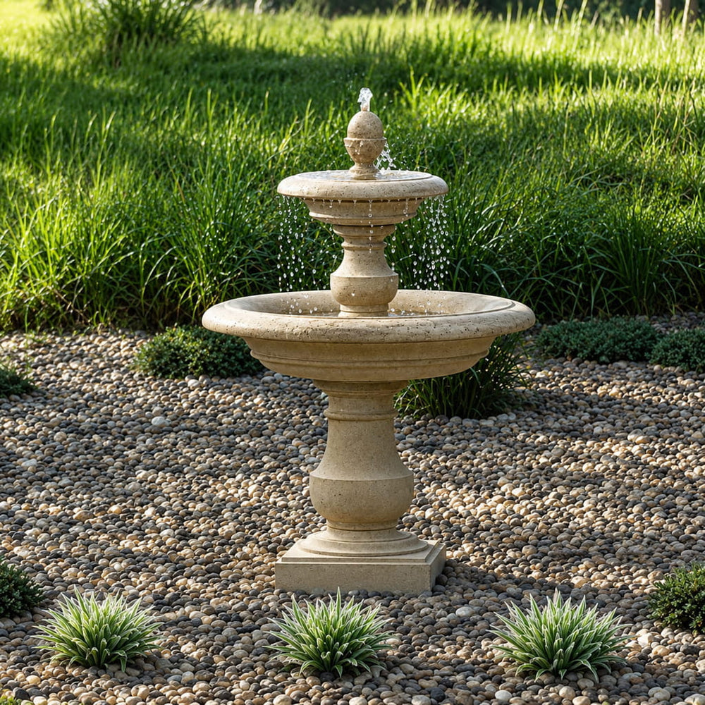 Caterina fountain on gravel in backyard running
