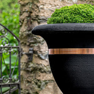 Classic Copper Banded Urn, Large in the backyard upclose