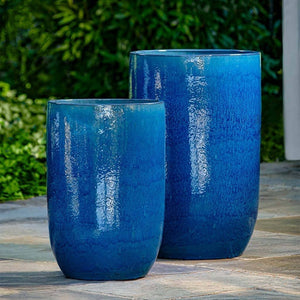 Cole Planter - Cerulean Blue - S/2 on concrete in the backyard