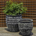 Knossos Planter Fossil Grey S/2 filled with plants on wood floor