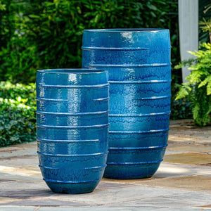 Logis Planter, Tall - Cerulean Blue - S/2 on concrete in the backyard