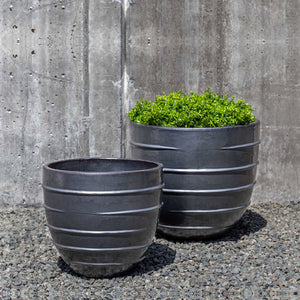 Logis Planter, Short - Metal Grey - S/2 on gravel filled with plants