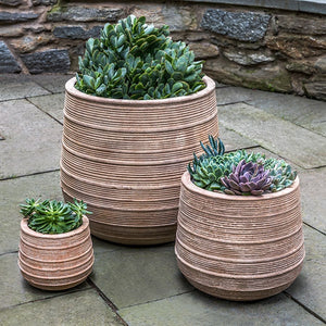 Madera Planter Antico Terra Cotta S/3 filled with plants in the backyard
