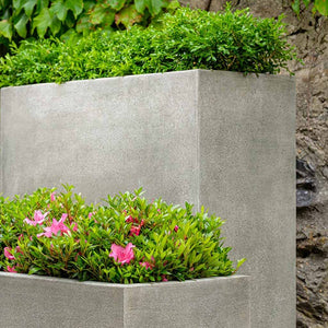 Metro Box Planter, Tall filled with plants beside planter with pink flowers upclose
