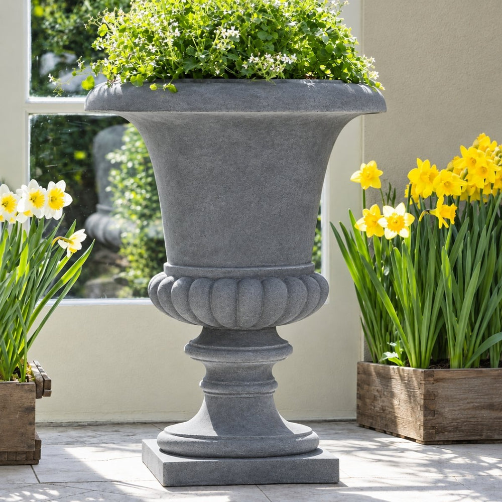 Morganna Lite Urn - Lead Lite - S/1 on concrete filled with plants