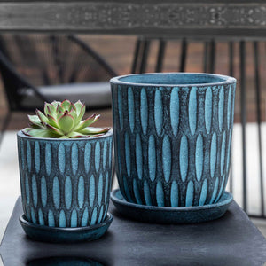 Parabola Etched Blue Planter S/8 filled with cactus on table