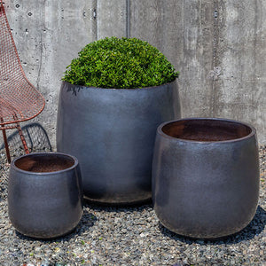 Potrero Planter - Metal Grey - S/3 filled with plants in the backyard