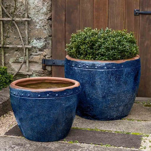 Rustic Cup Pot - Rustic Blue - Set of 2 filled with plants in the backyard