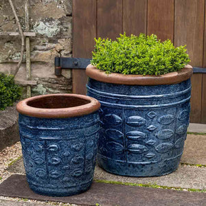 Rustic Leaf Pot - Rustic Blue - Set of 2 filled with plants in the backyard