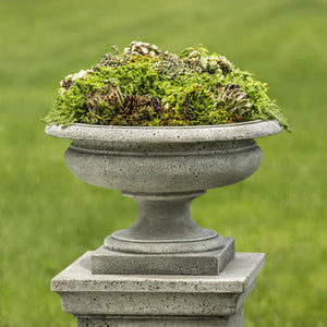 Rustic Palazzo Urn filled with plants against green backdrop