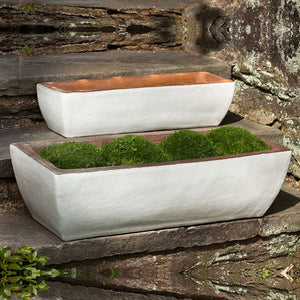 Rustic Trough Planter Set of 2 Antique White filled with plants on concrete stairs