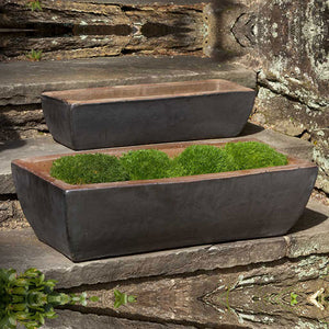 Rustic Trough Planter Set of 2 Graphite with plants on concrete stairs