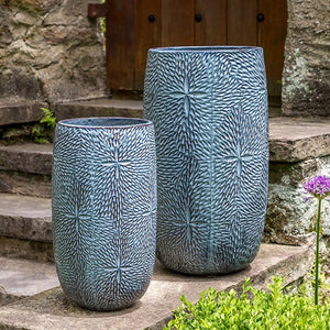 Sand Dollar Tall Planter - French Blue - S/2 on ledge beside concrete stairs