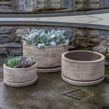 Sgraffito Low Planter Antico Terra Cotta S/3 filled with plants in the backyard