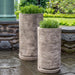 Sgraffito Tall Planter - Antico Terra Cotta - S/2 filled with plants in the backyard