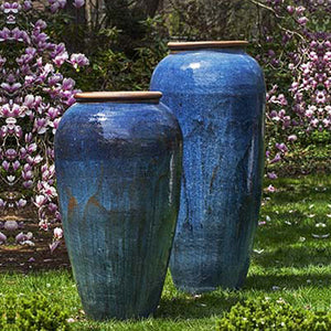 Sora Jar Planter, Short - Rustic Blue S/1 on grass in the backyard 