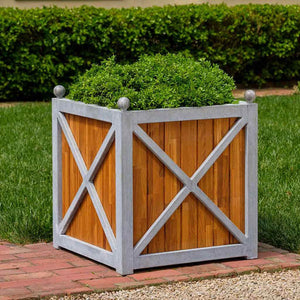 Square Villandry Large Planter - Zinc with Oak - S/1 filled with plants in the backyard