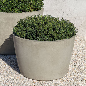 two large round planters on gravel filled with green plants