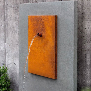 upclose MC1 fountain in corten steel against wall in action